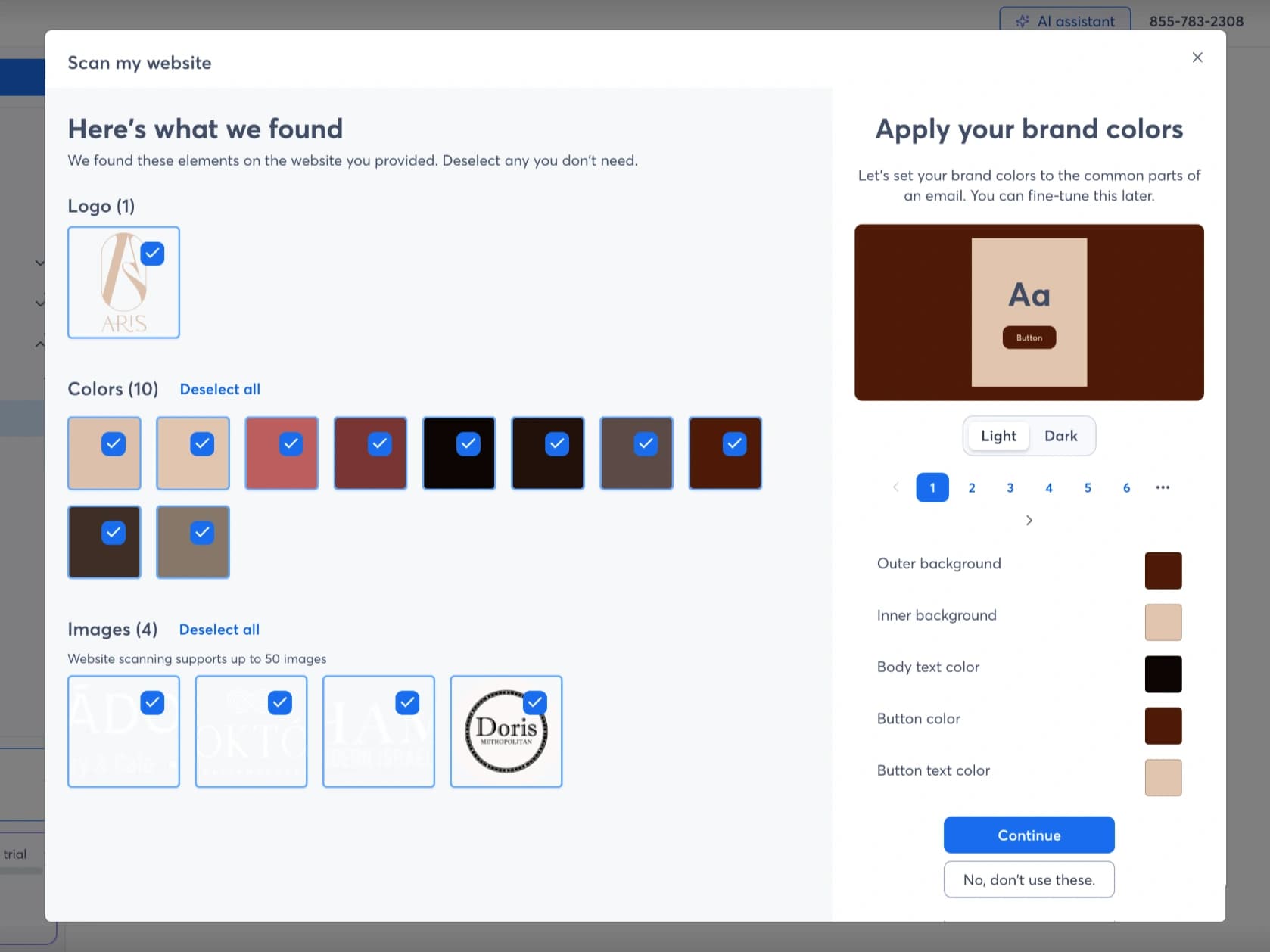 Website scan results showing a brand logo, color palette, image selections, and a preview of applied brand colors