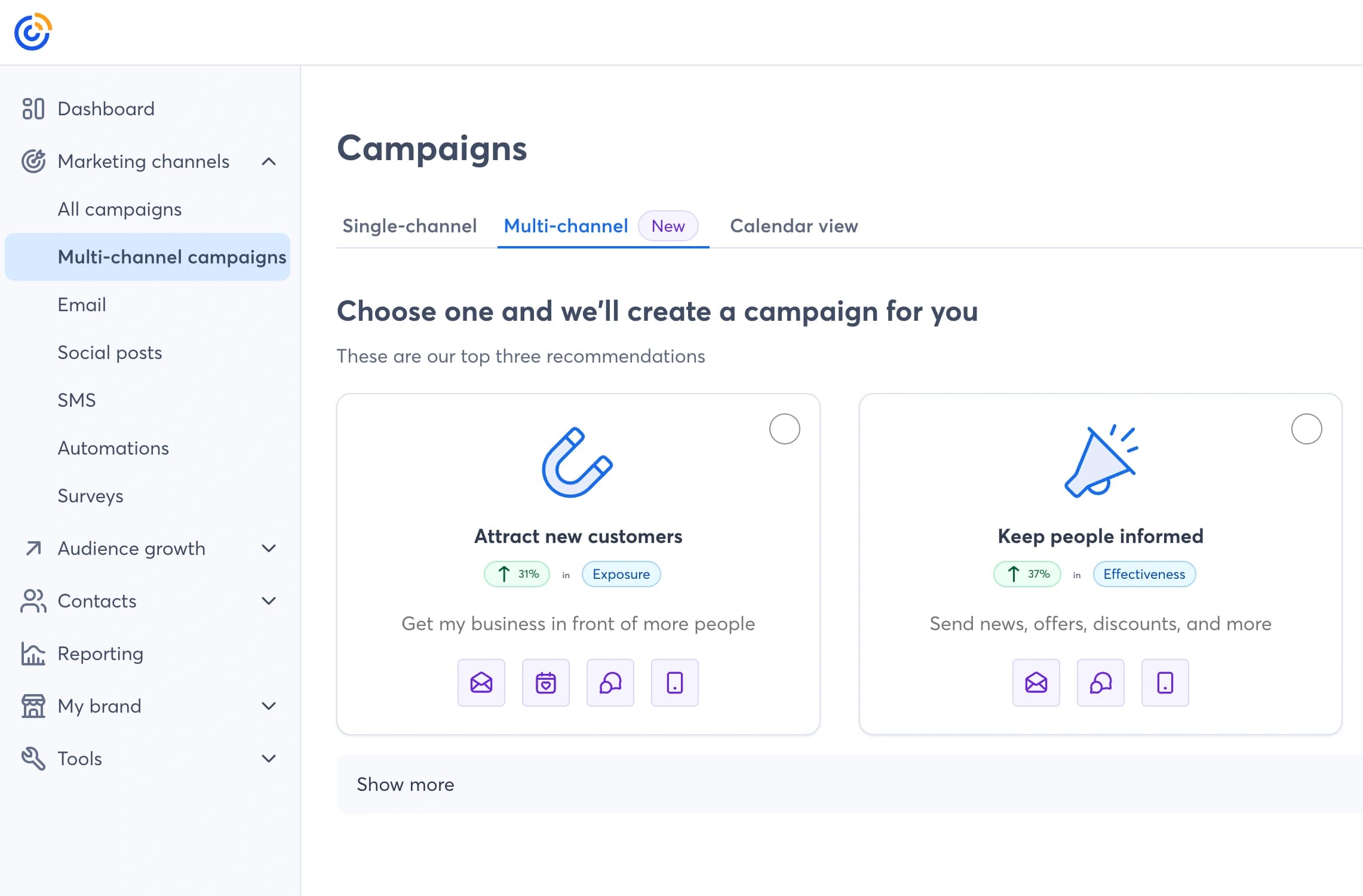 Constant Contact multichannel campaign selection with choices to attract new customers or keep people informed