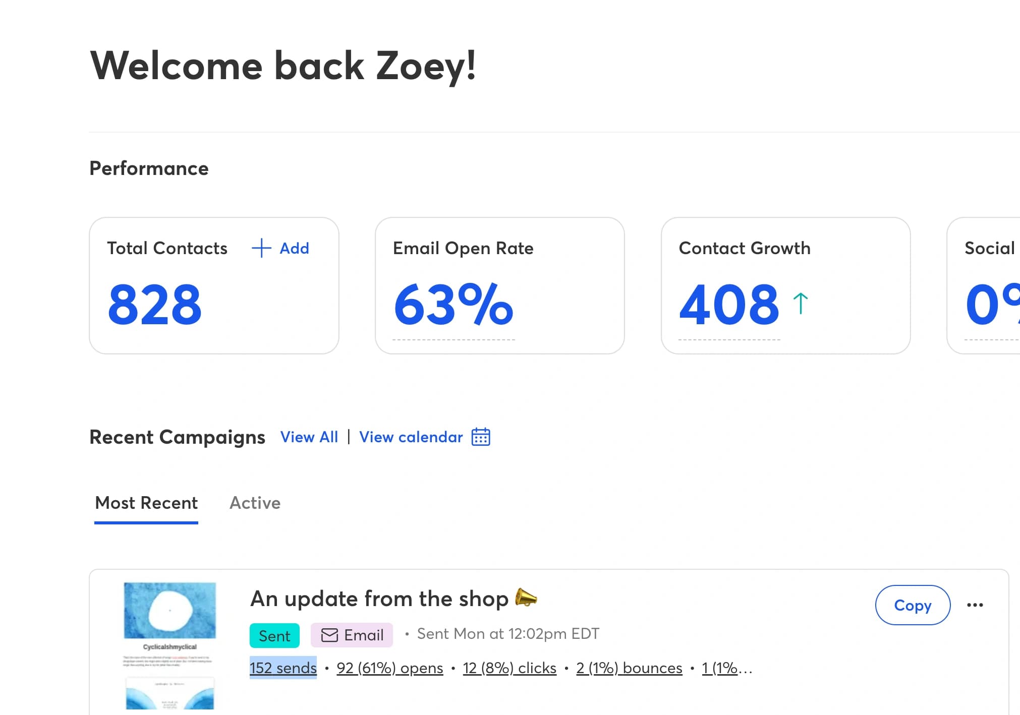 Constant Contact home dashboard with contact totals, email open rate, contact growth, and recent campaigns