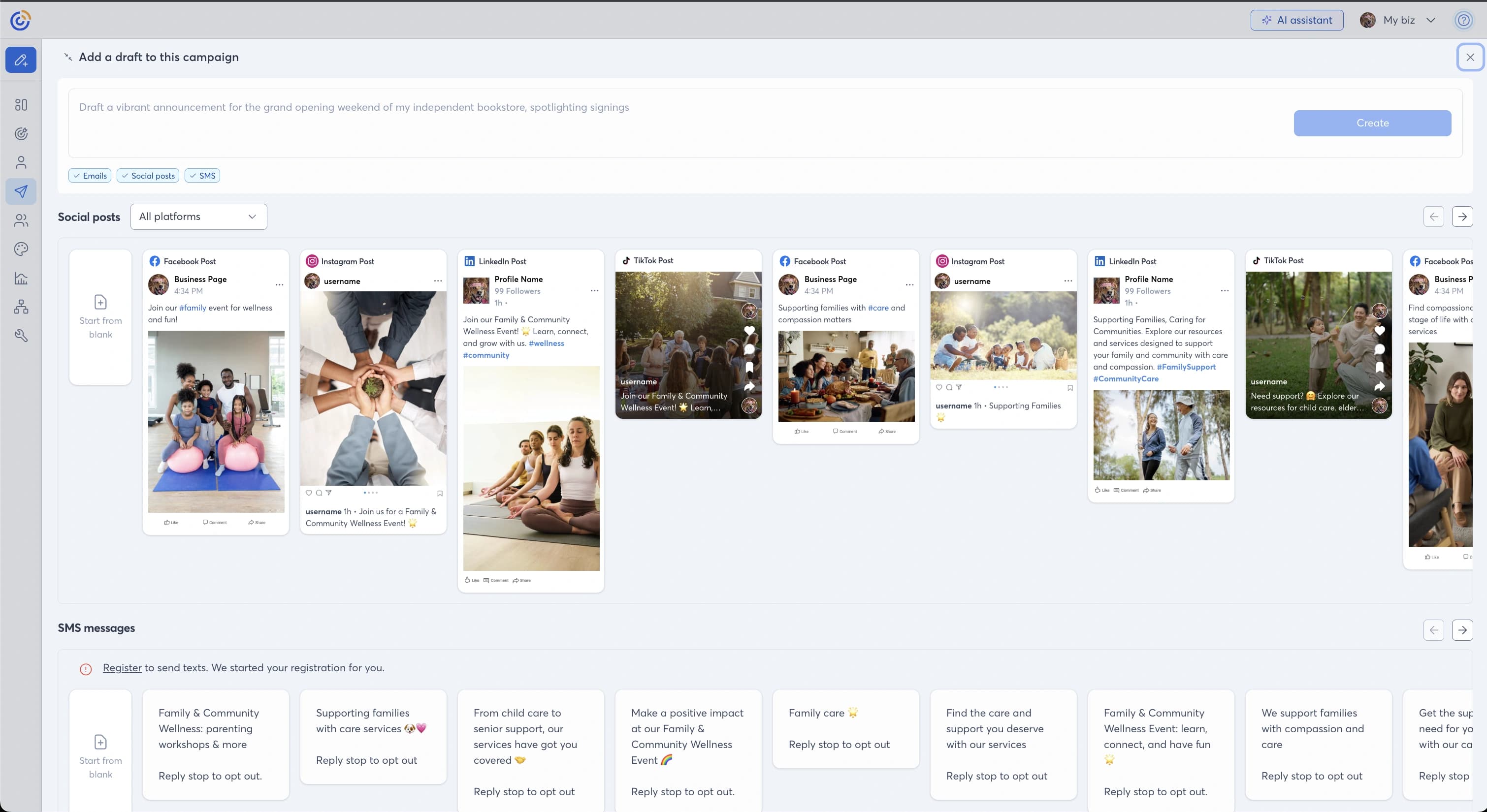 Constant Contact social workspace with a post composer, content feed, connected channels, and suggested post ideas