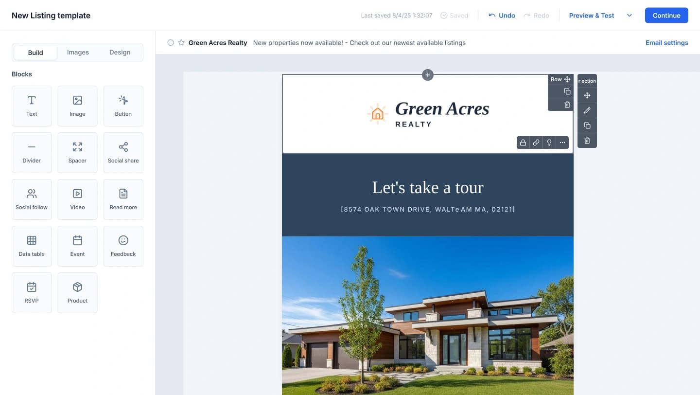Constant Contact email editor with reusable content blocks beside a Green Acres Realty campaign and preview controls