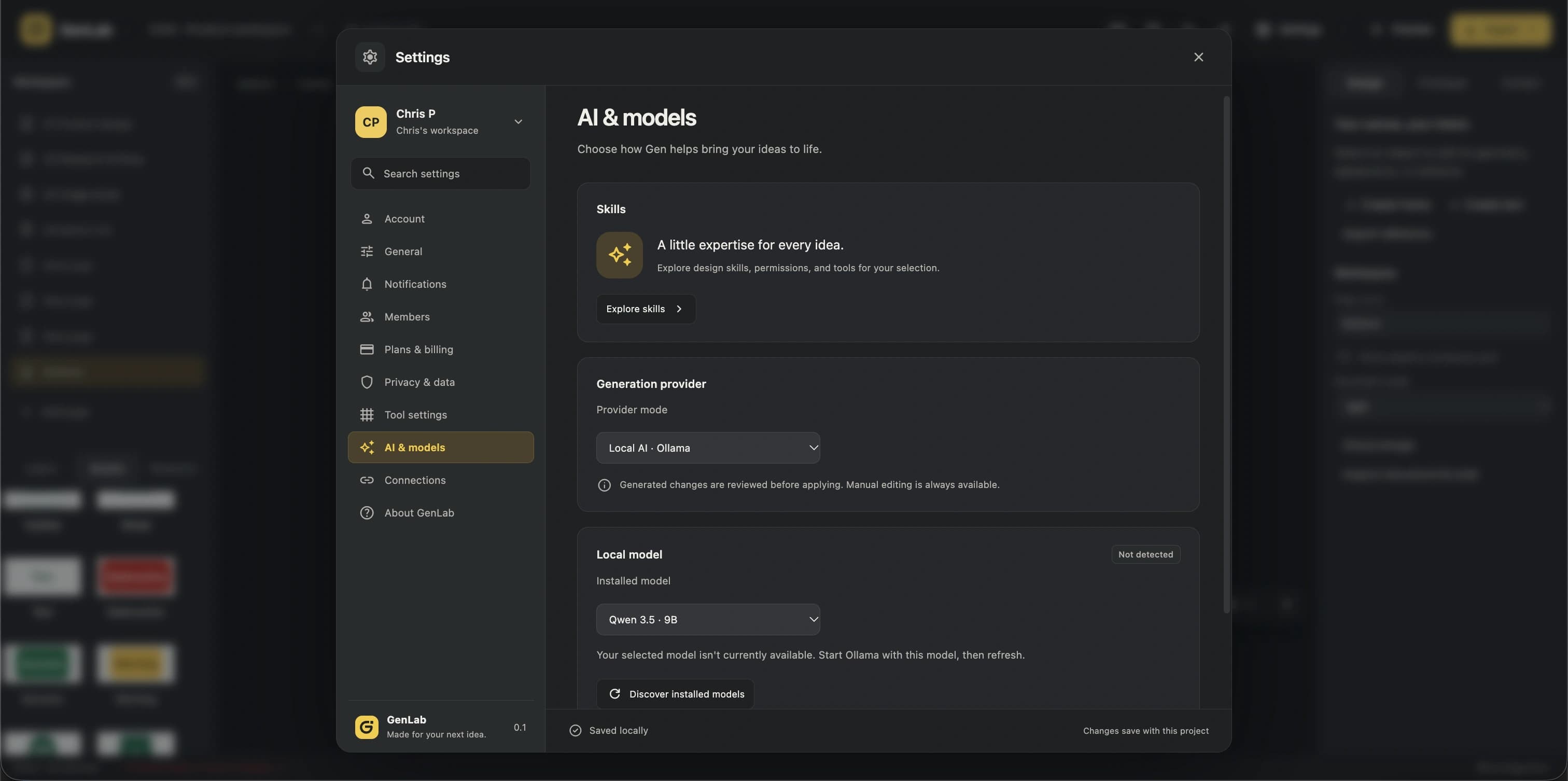 GenLab AI and models settings with design skills, a local AI provider, model selection, availability status, and guidance about reviewing generated changes