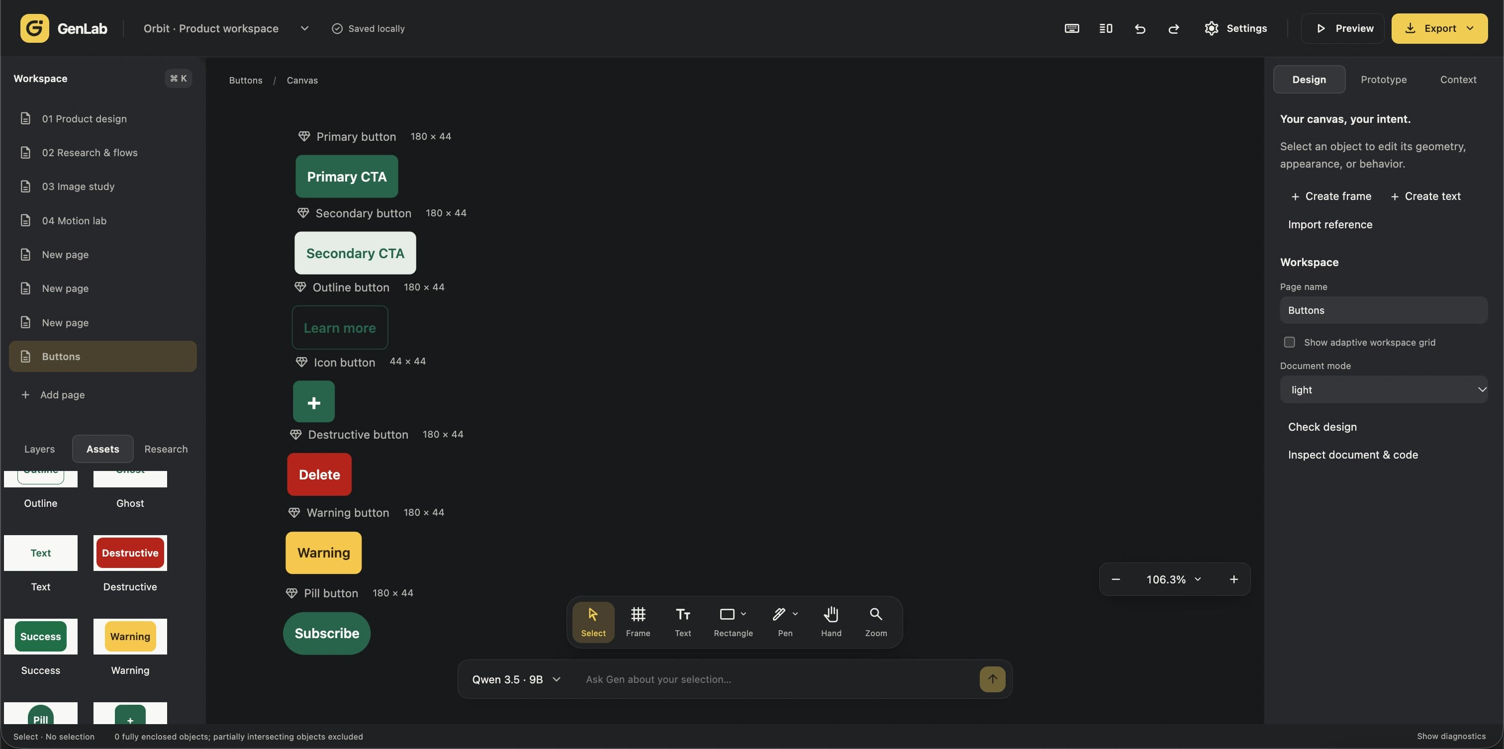 GenLab button library showing editable primary, secondary, outline, icon, destructive, warning, and pill buttons beside the asset panel and design controls