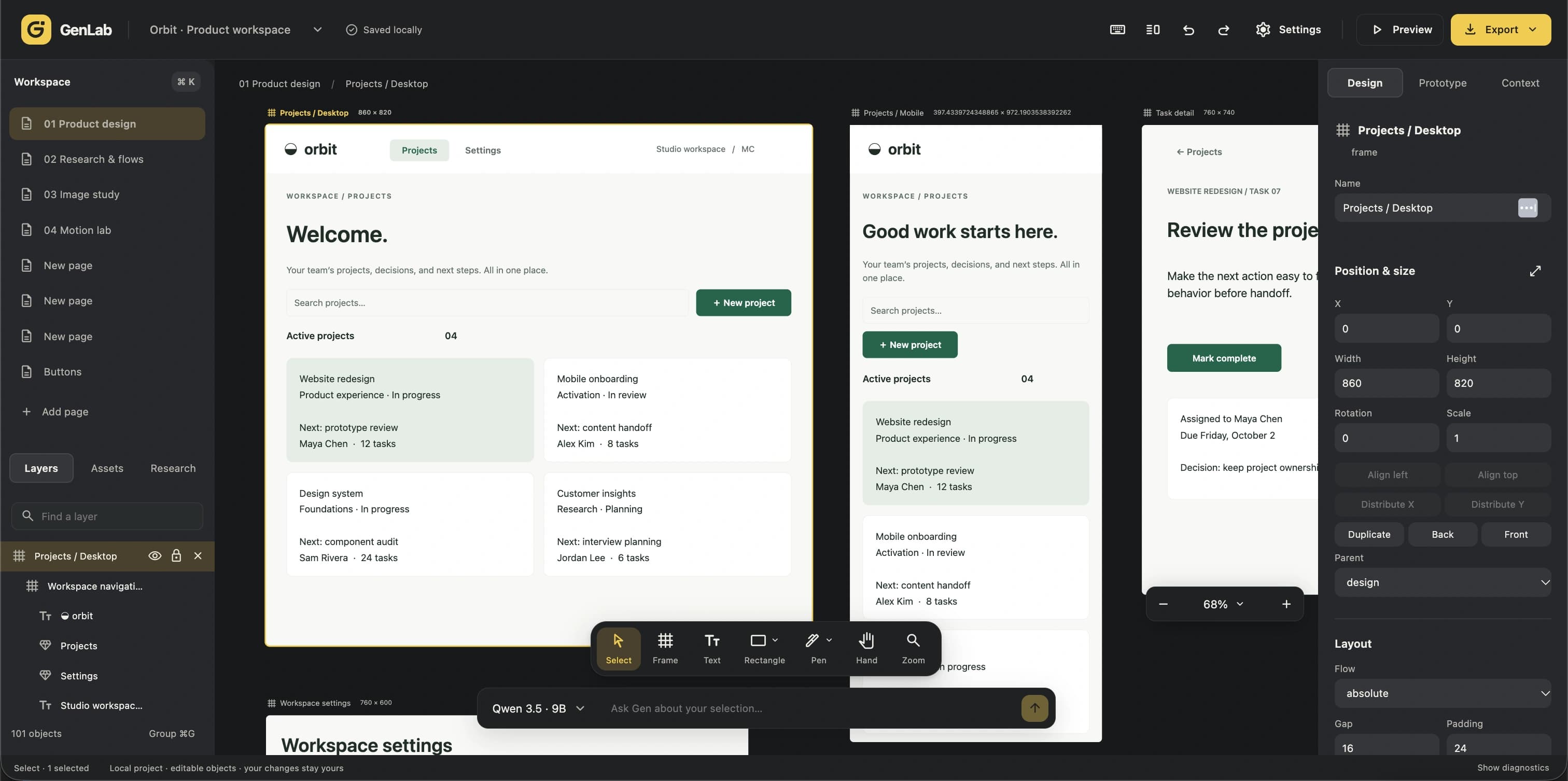 GenLab dark editor with desktop and mobile website frames, a layers panel, position and size controls, drawing tools, and an AI prompt bar