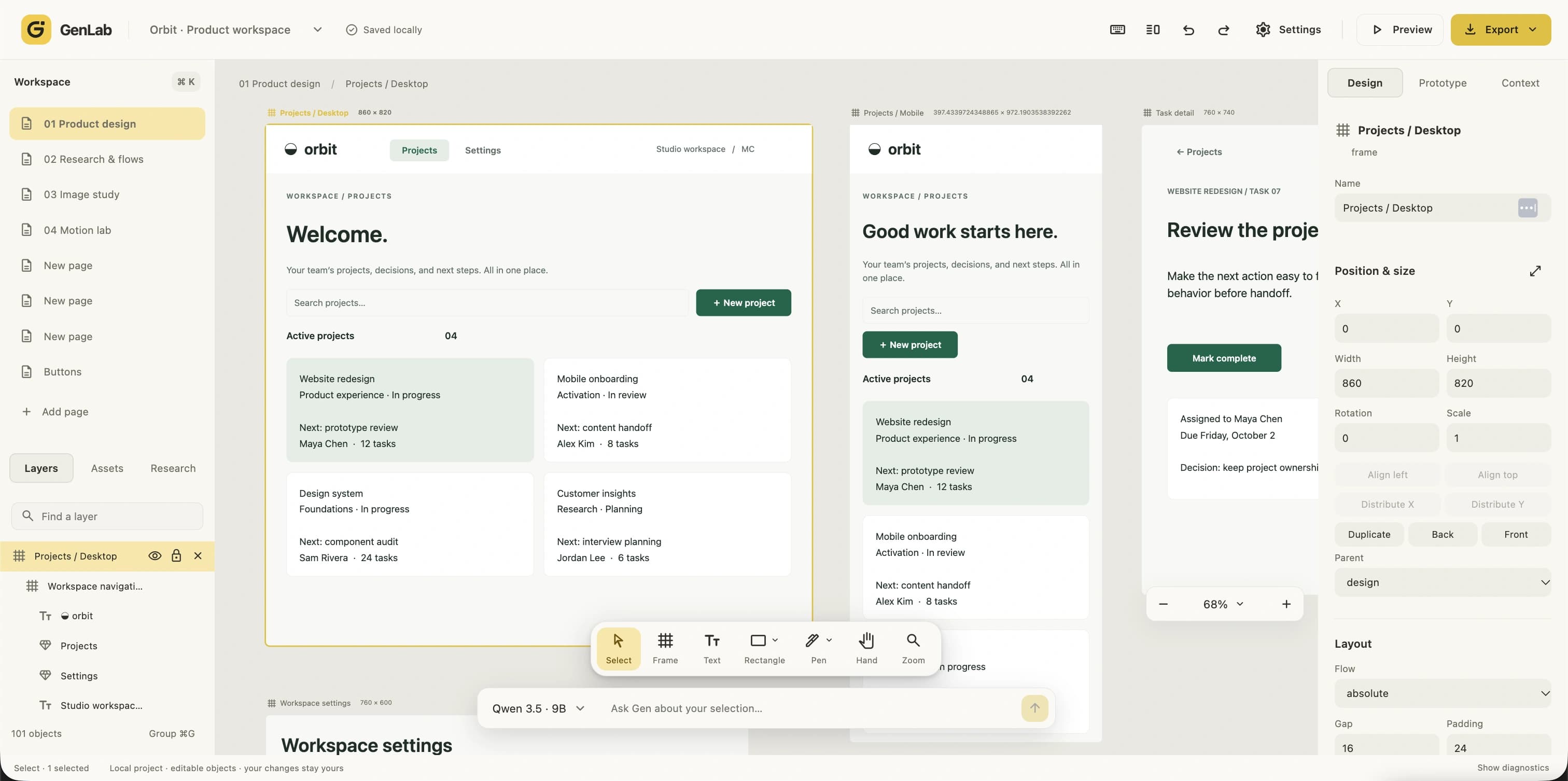 GenLab light editor showing the same desktop and mobile website frames, editable layers, floating design toolbar, and AI prompt bar