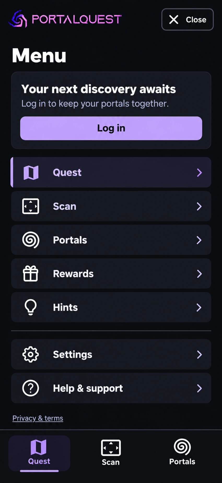 Redesigned PortalQuest menu with a clear Log in button and Quest, Scan, Portals, Rewards, Hints, Settings, Help and support, and Privacy and terms links