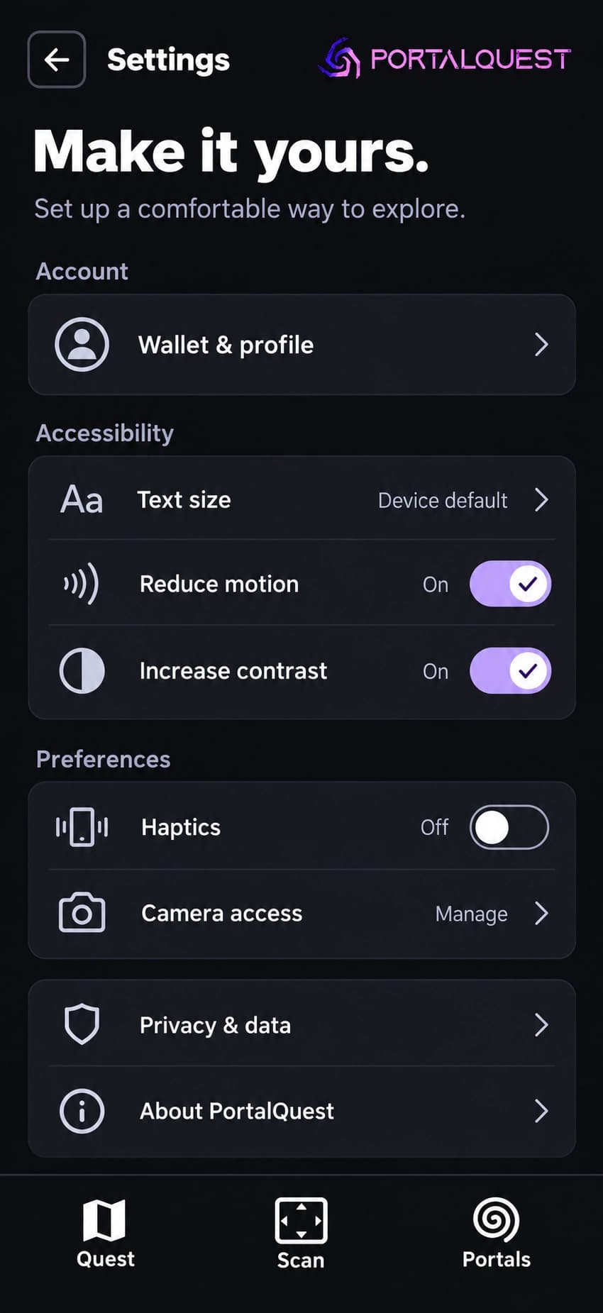 PortalQuest Settings design with wallet and profile, text size, reduced motion, increased contrast, haptics, camera access, and privacy controls