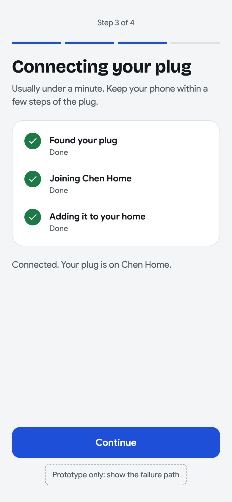 Step 3 of 4, Connecting your plug, showing completed stages for finding the plug, joining Chen Home, and adding it to the home, followed by a Continue button.