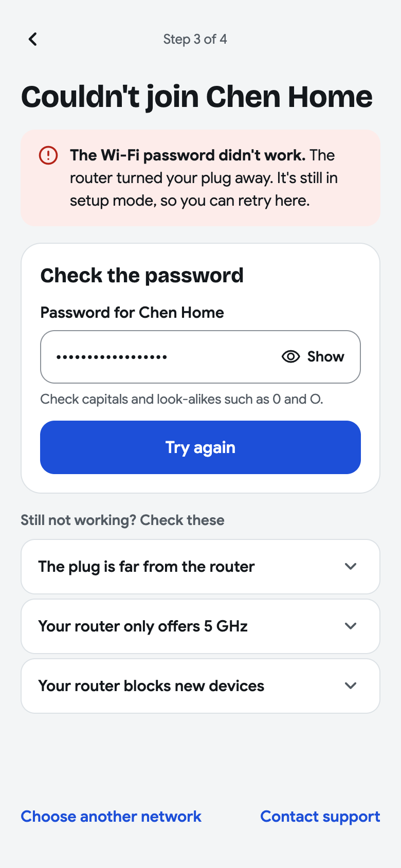 Couldn’t join Chen Home screen with a Wi-Fi password error, editable password and Try again, expandable help for distance and router settings, and another-network and support links.