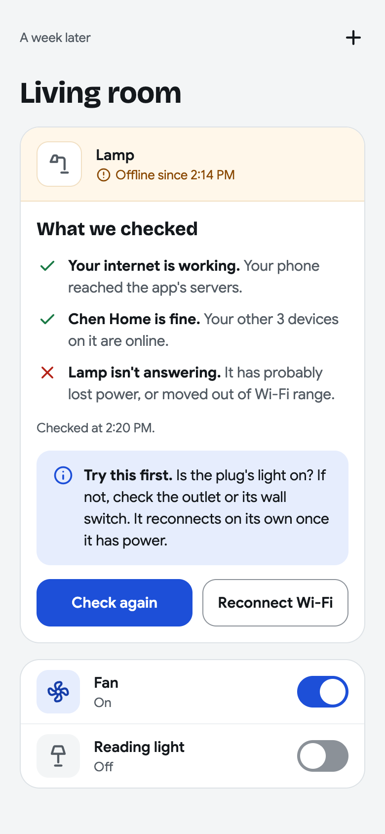 Living room device list with Lamp offline, successful internet and network checks, a device-not-answering status, a power-check suggestion, and Check again and Reconnect Wi-Fi actions.