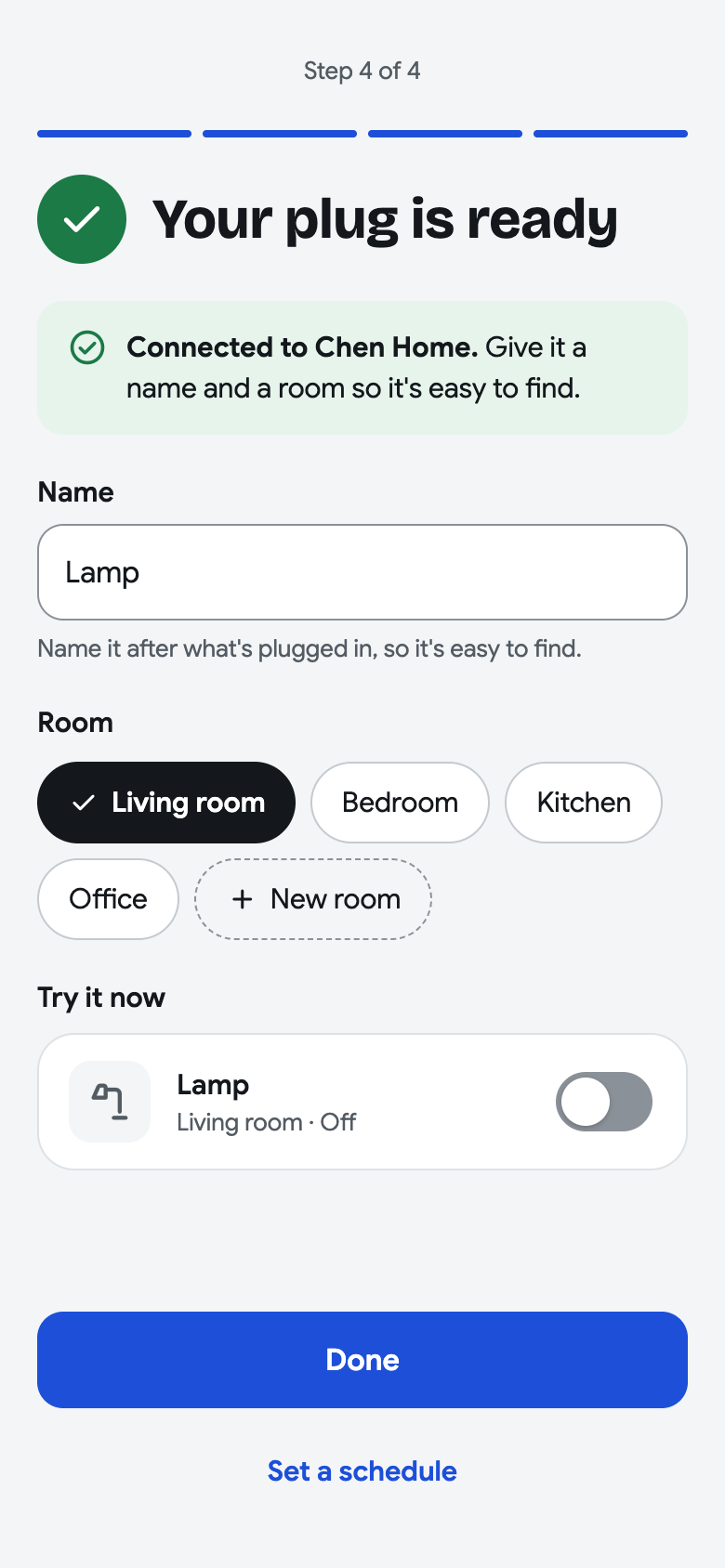 Step 4 of 4, Your plug is ready, with a connected confirmation, a Lamp name, room choices, a device power toggle, Done and Set a schedule.