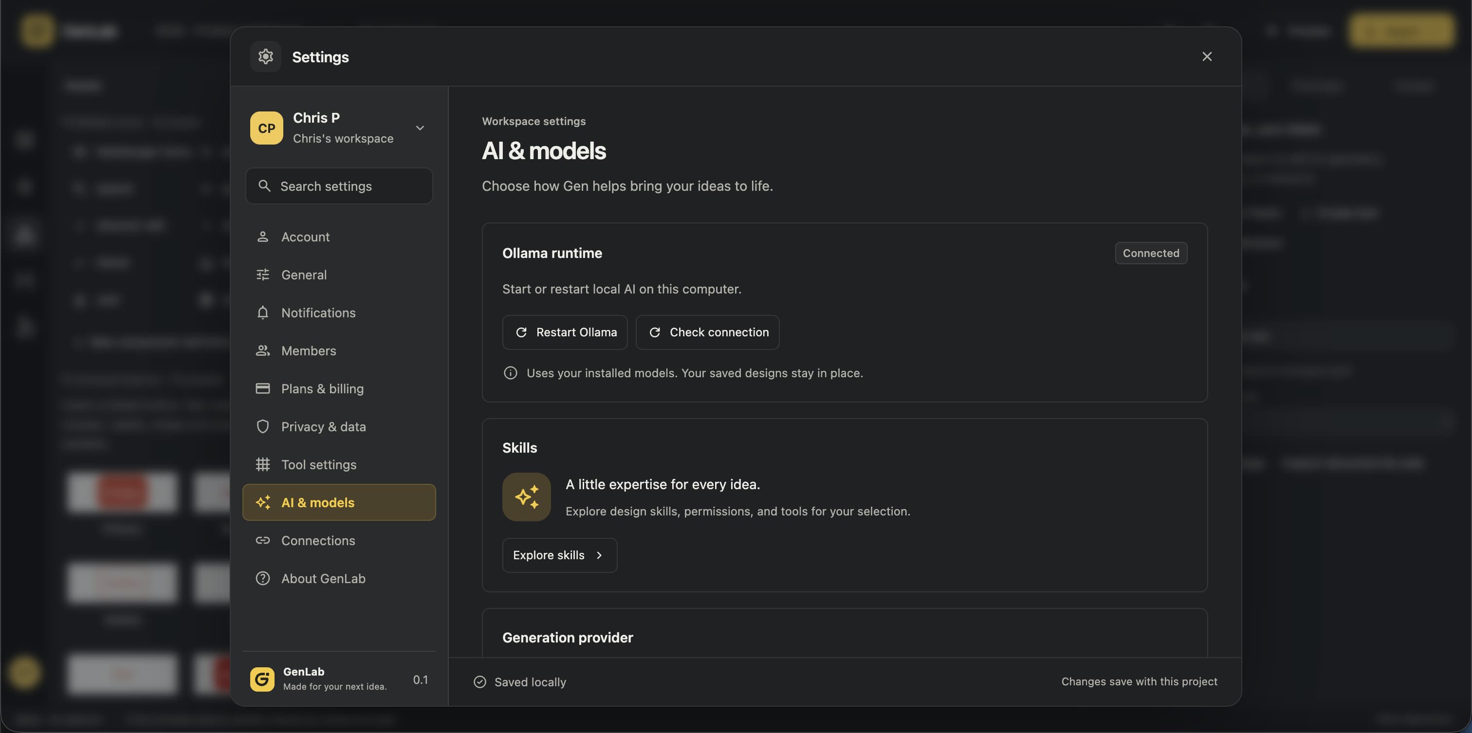 Updated GenLab AI and models settings with a connected Ollama runtime, Restart Ollama and Check connection actions, and a design skills panel