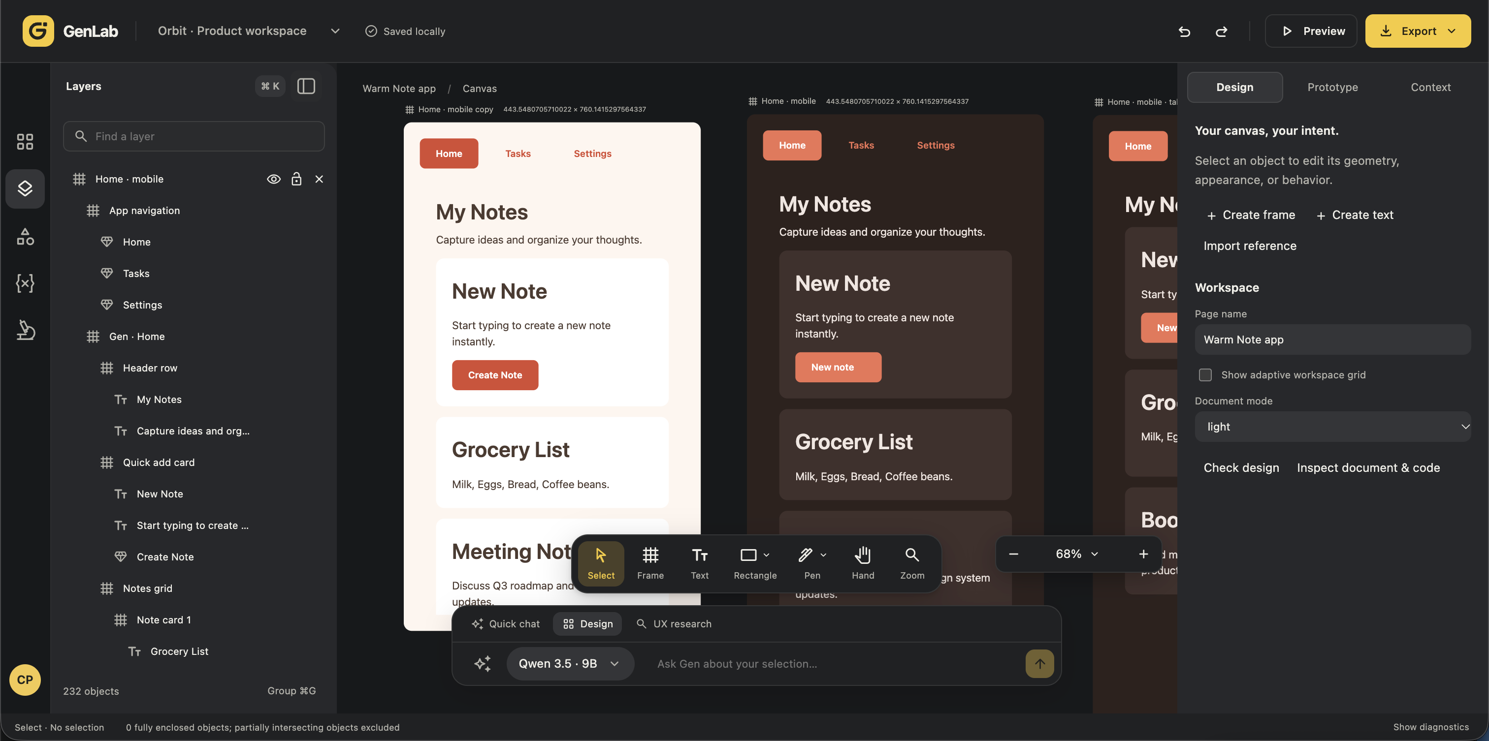 Updated GenLab dark editor with mobile note app frames, an expanded layers panel, workspace controls, a floating design toolbar, and Quick chat, Design, and UX research modes