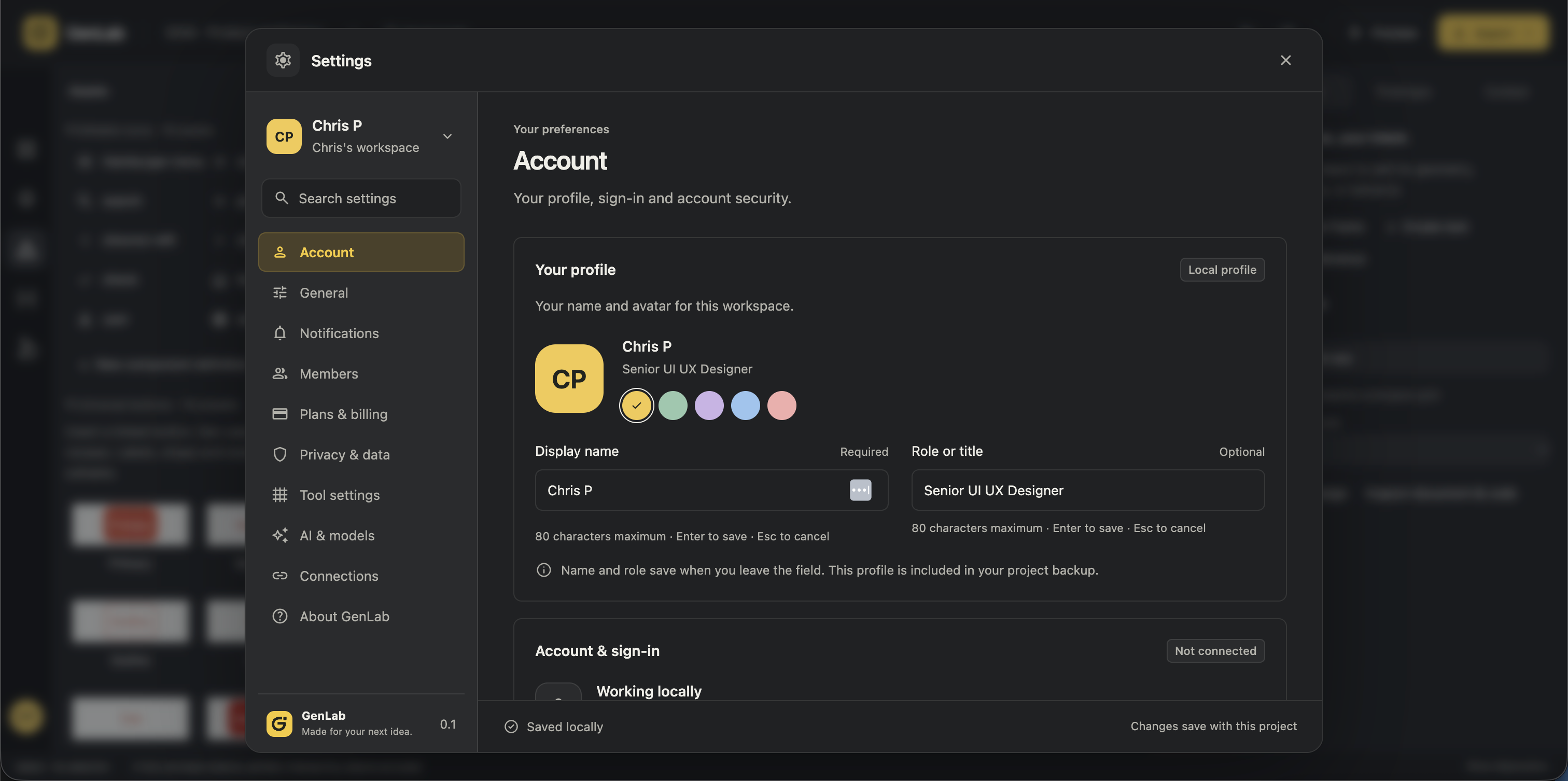 Updated GenLab dark Account settings with a local profile, avatar color choices, display name and role fields, and account sign-in status