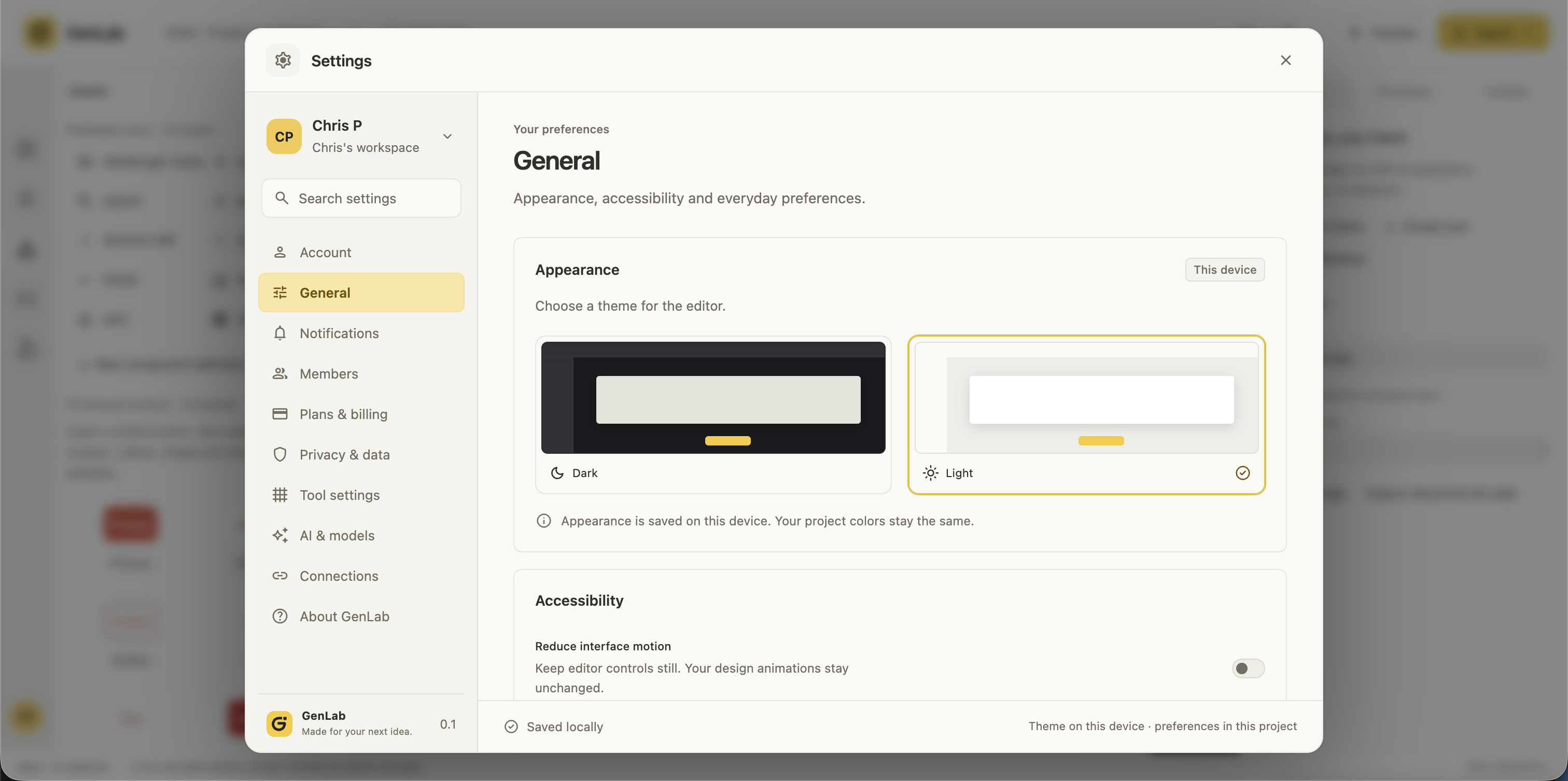 Updated GenLab General settings in light mode, with dark and light appearance choices, a reduced interface motion toggle, and a dedicated settings navigation panel