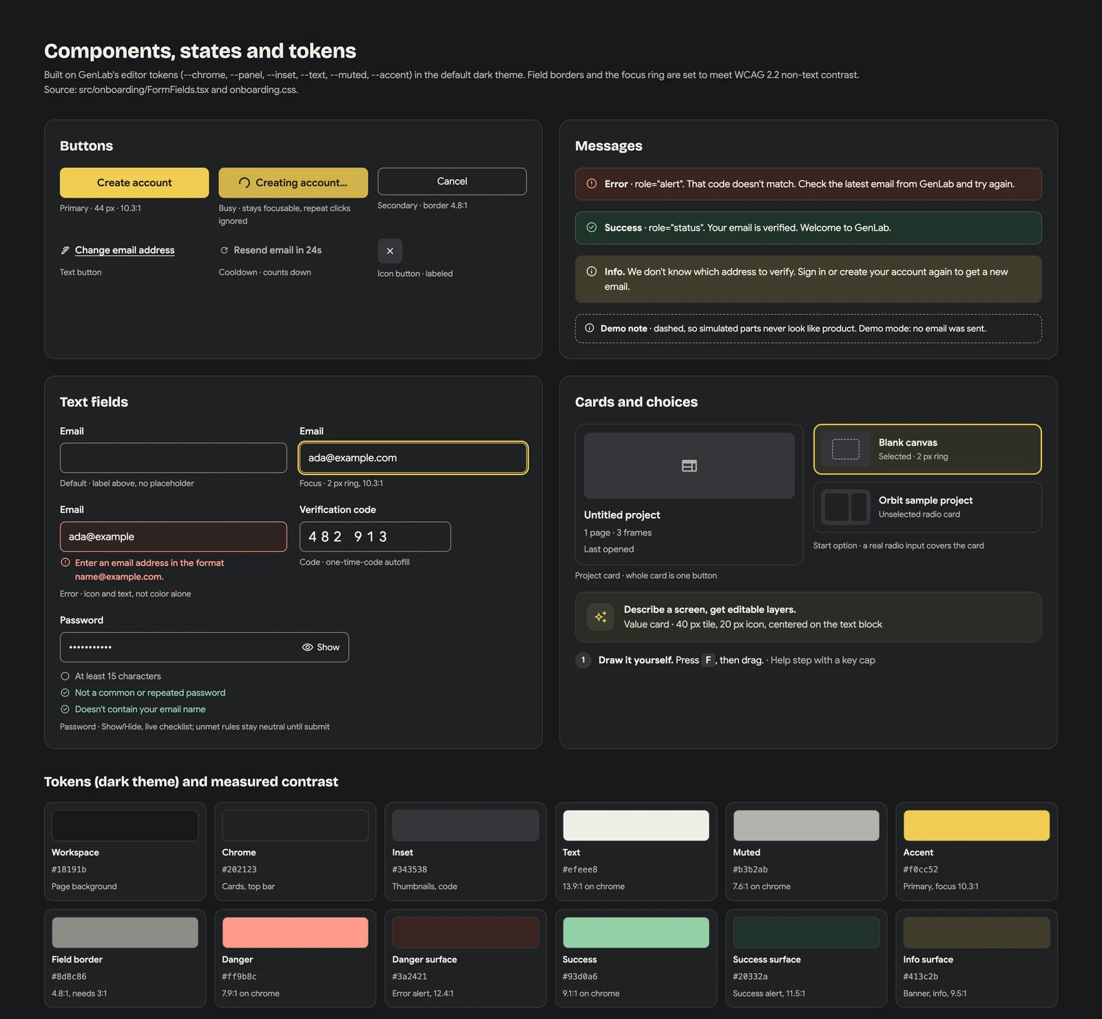 GenLab component board showing primary, busy, secondary and cooldown buttons; default, focused and error fields; status messages; project cards; and dark-theme color tokens.