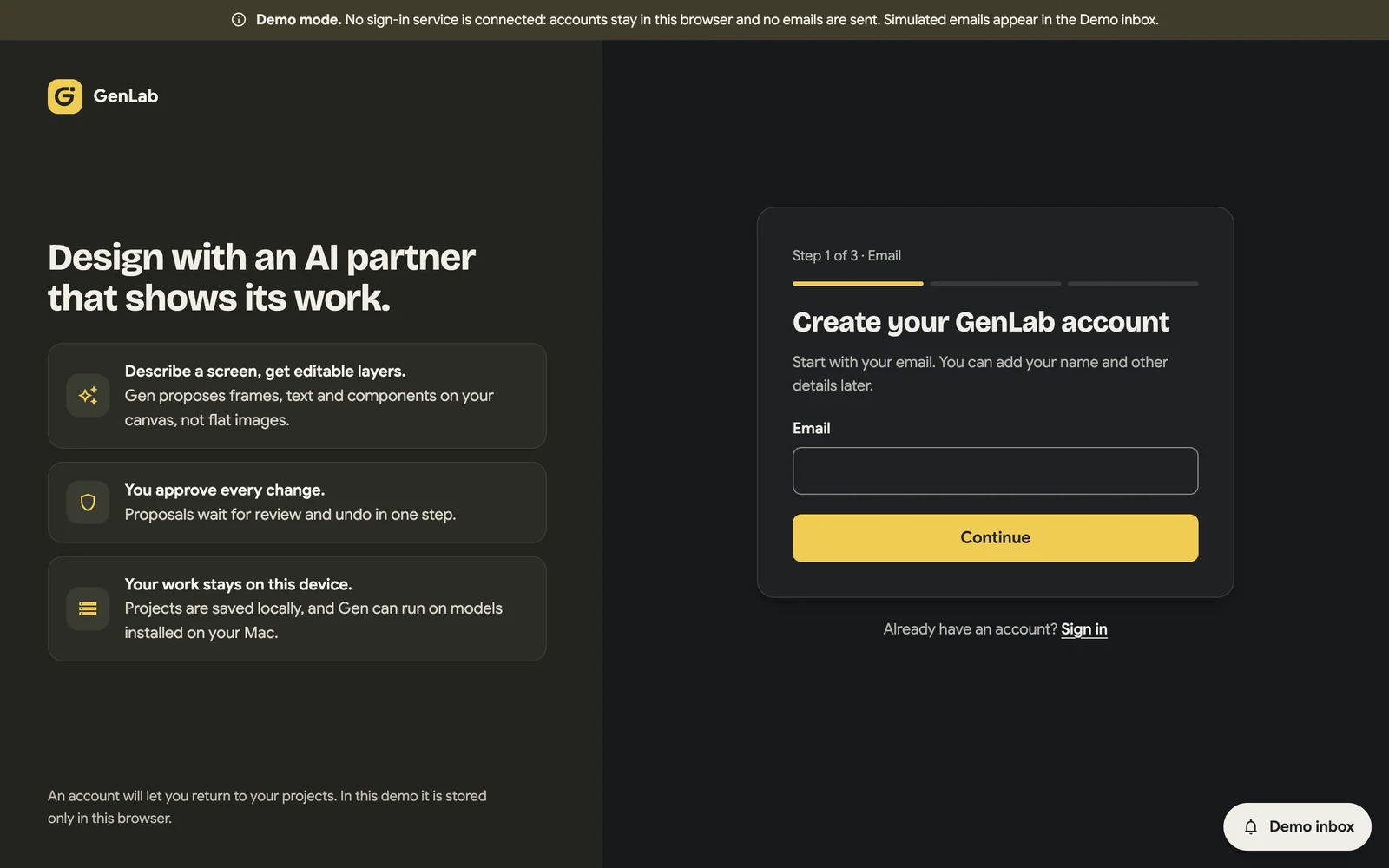 Updated dark GenLab account concept, step 1 of 3: an email field and Continue button beside the product value panel, with a visible demo-mode banner.