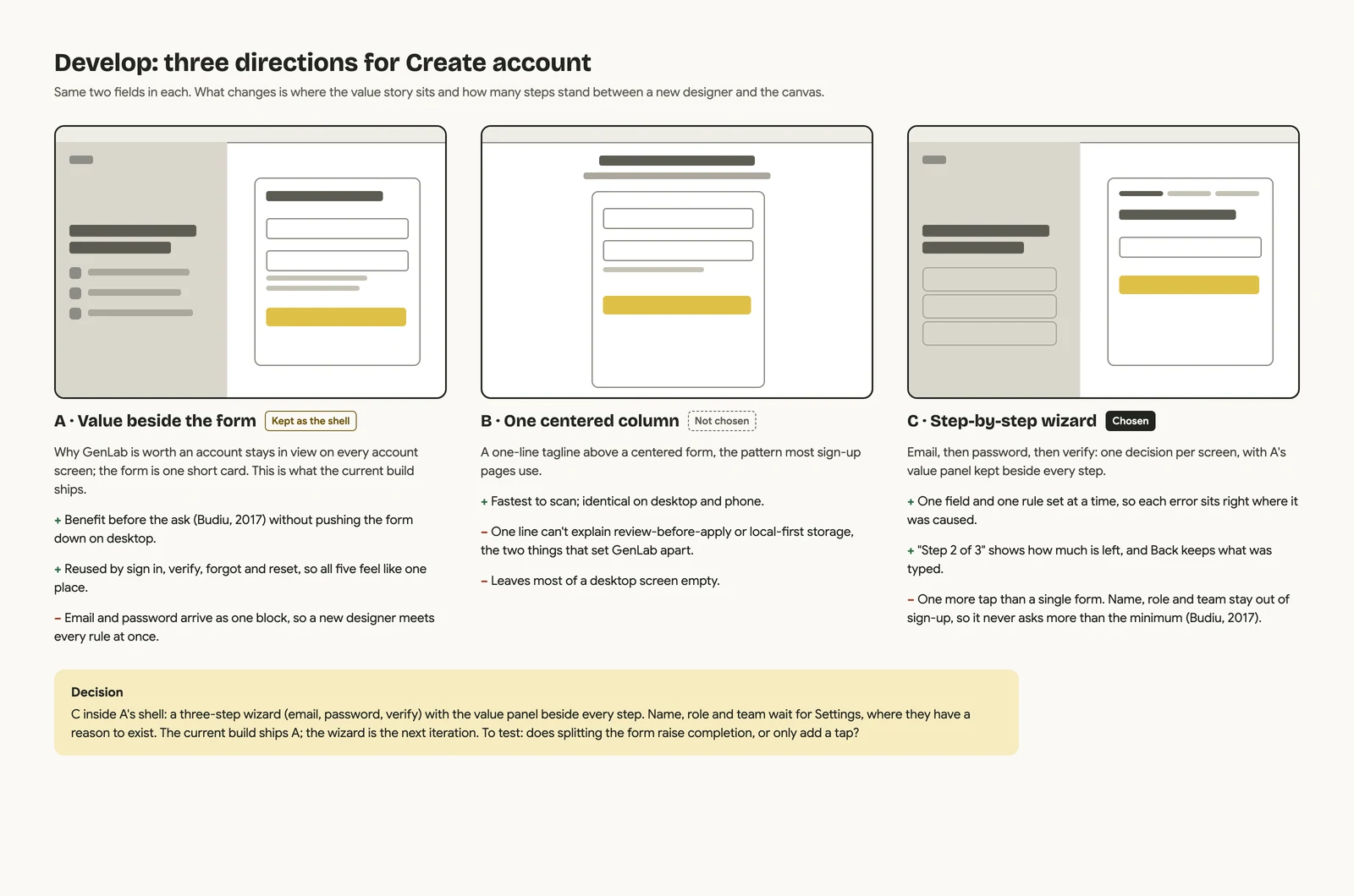 Three low-fidelity account layouts compared: value beside a single form, a centered column, and the selected step-by-step wizard using the first layout’s value panel.