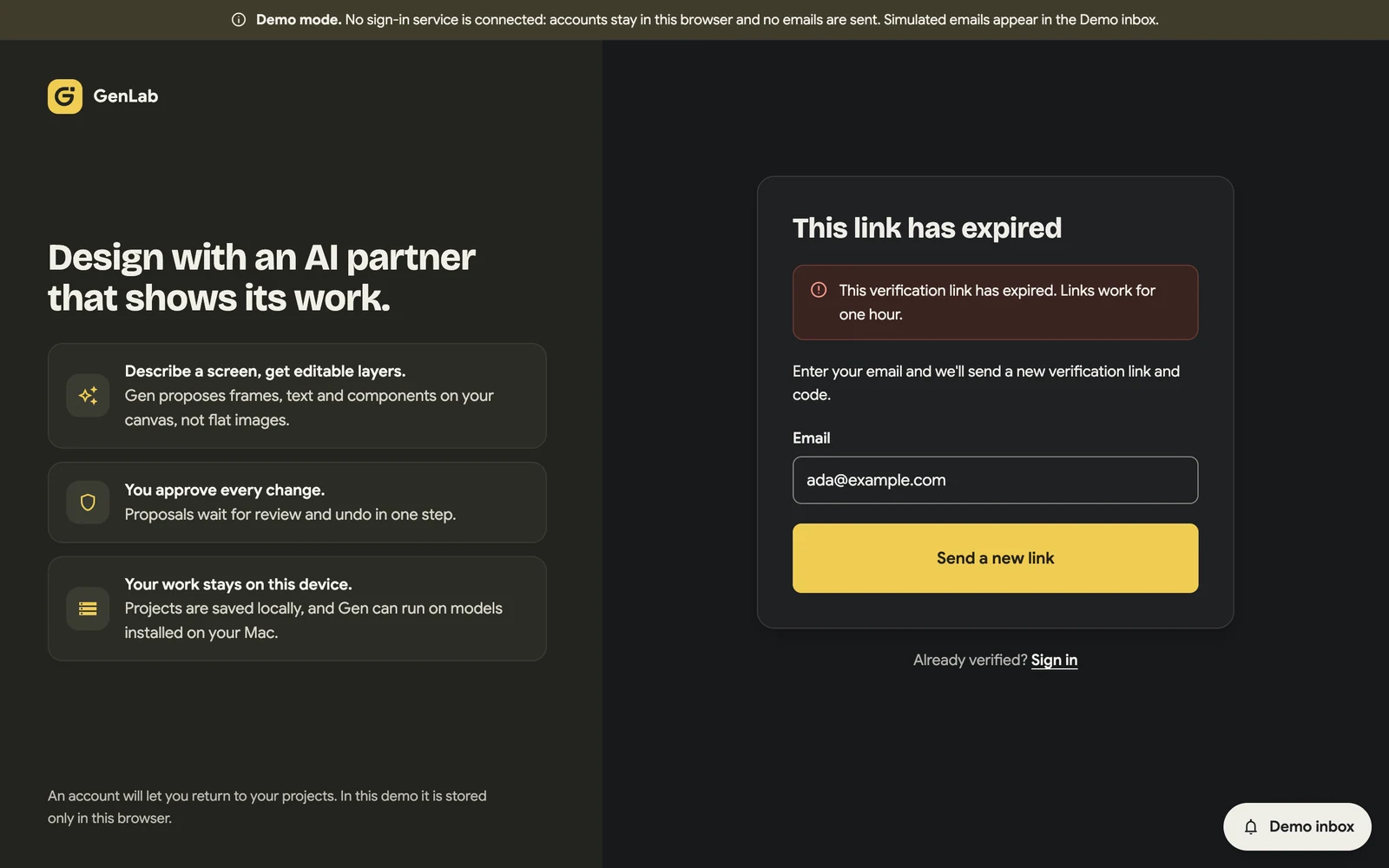 GenLab expired-verification-link screen explaining the one-hour validity, with an email field and a Send a new link button.