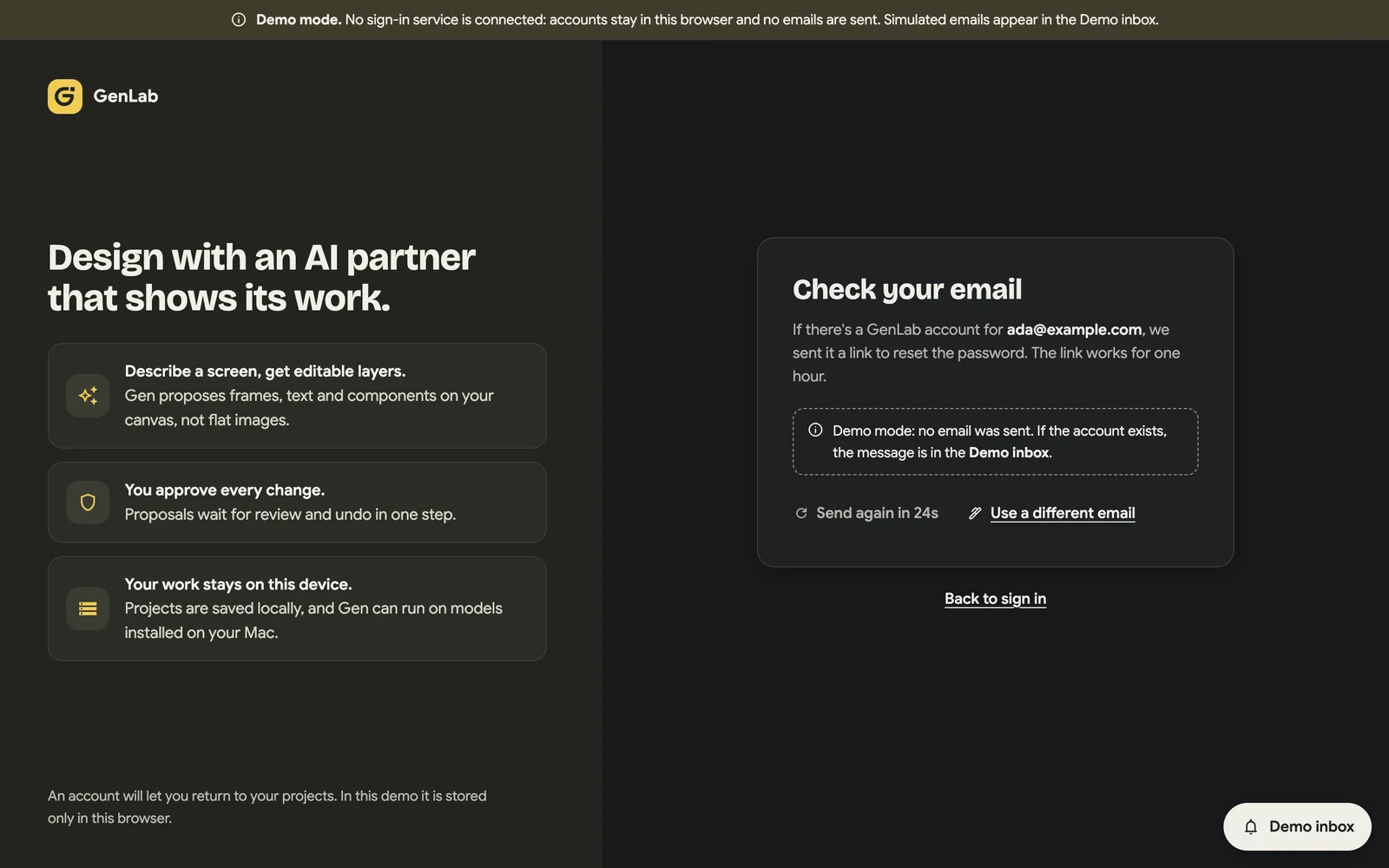 GenLab password-reset confirmation with consistent wording, a demo-email notice, a Send again countdown, and a Use a different email action.