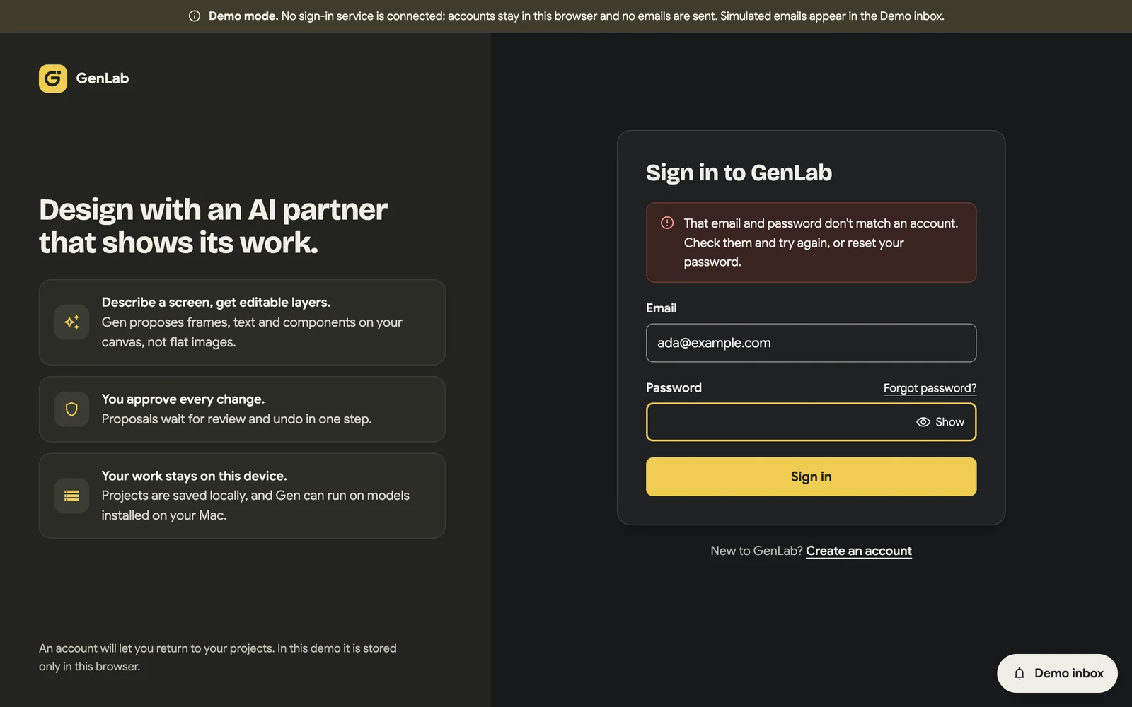 GenLab sign-in screen with a single credentials-mismatch error, email and password fields, and a Forgot password link.