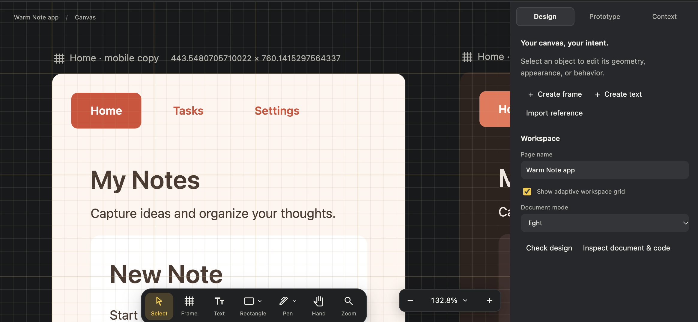 Workspace controls: Turn the adaptive grid on from the Design panel, right beside the workspace settings.