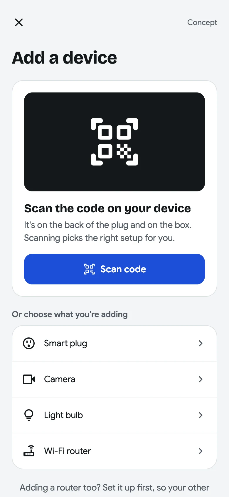 Smart plug concept Add a device screen with a Scan code action and a list of smart plug, camera, light bulb and Wi-Fi router device types.