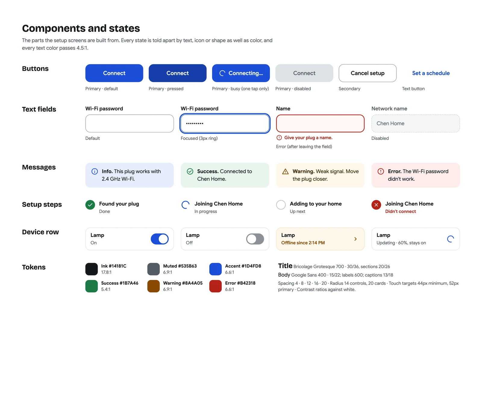Smart plug component board showing default, pressed, busy and disabled buttons; field states; status messages; progress states; device rows; and color and typography tokens.