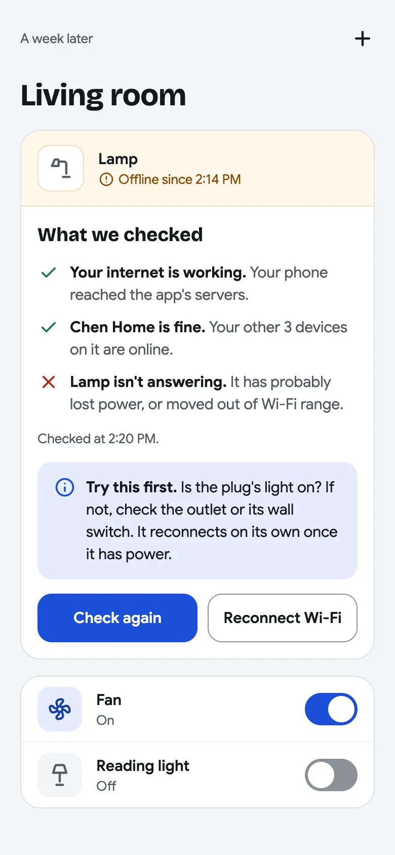 Living room device list with Lamp offline, successful internet and network checks, a device-not-answering status, a power-check suggestion, and Check again and Reconnect Wi-Fi actions.